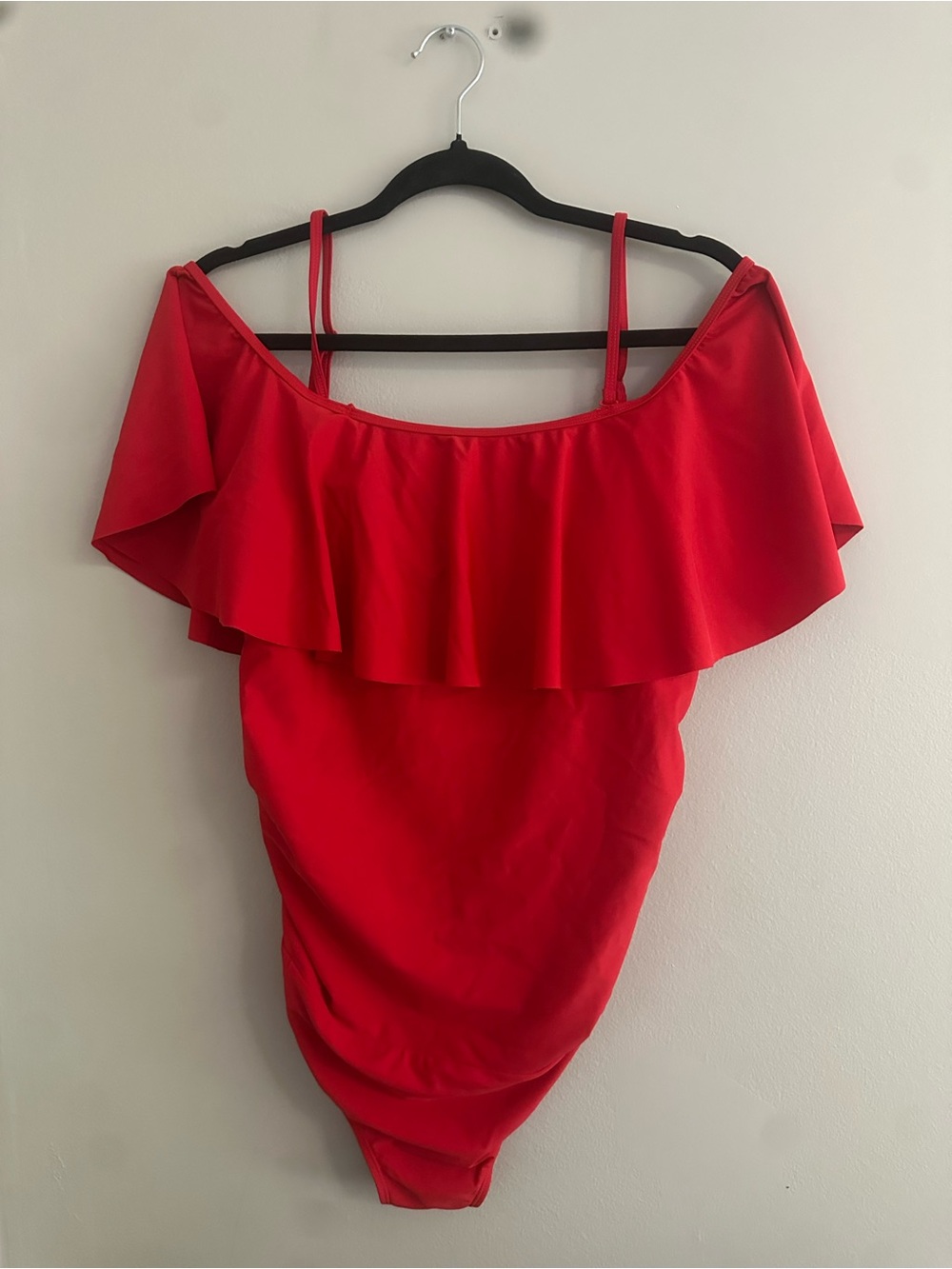 XL Maternity Off-Shoulder Red Ruffle one piece swimsuit with Adjustable Straps